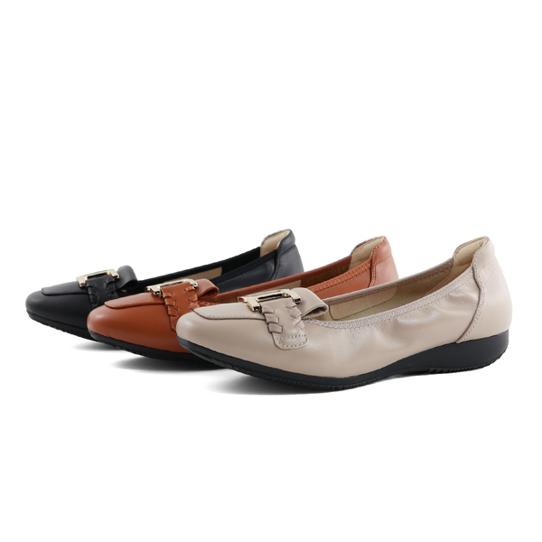 柔軟牛皮羅馬編織金屬扣環仕女馬斜平底鞋(橘)(藕灰)(黑)125761