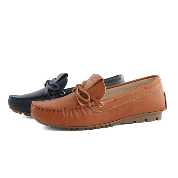 柔軟牛皮輕盈軟Q蝴蝶結手工縫線休閒樂福鞋(藍)(橘)125766