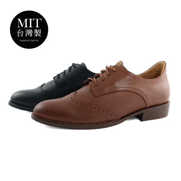 台灣製MIT 英倫牛津綁帶擦色牛皮休閒學生低跟鞋(棕)(黑)125731