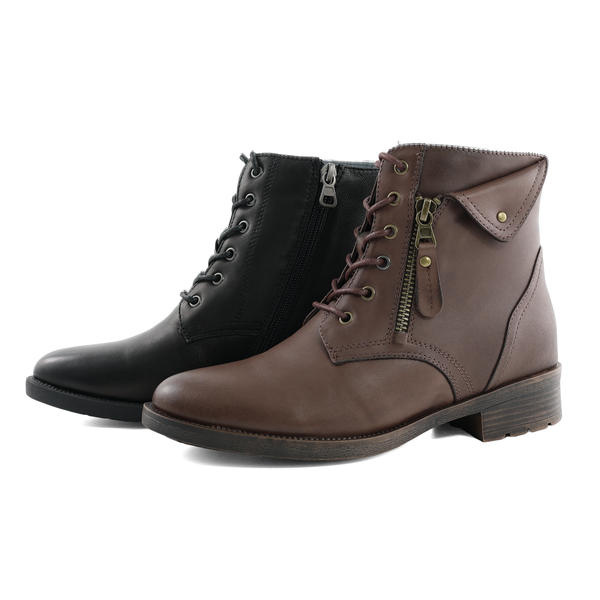 個性小翻領拉鍊裝飾羊皮綁帶低跟中筒靴(咖啡)(黑)125939