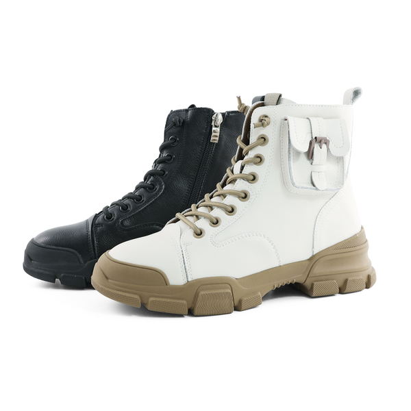 側靴小口袋設計牛皮免綁帶厚底短靴(牛奶白)(黑)125931