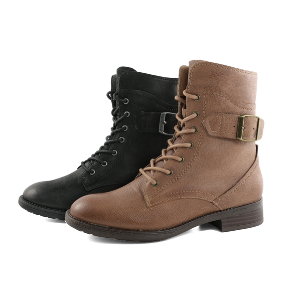 仿舊中性甩紋擦色羊皮綁帶低跟中筒靴(咖啡)(黑)125937