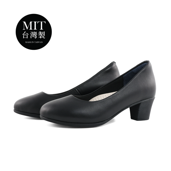 台灣製MIT 柔軟羊皮圓頭包覆基本百搭超完美職場通勤靜音跟鞋(寬腳友善) 5公分(黑)9502