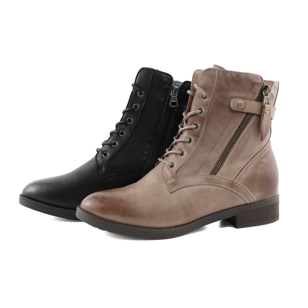 個性仿舊拉鍊綁帶擦色羊皮低跟短靴(咖啡)(黑)0939