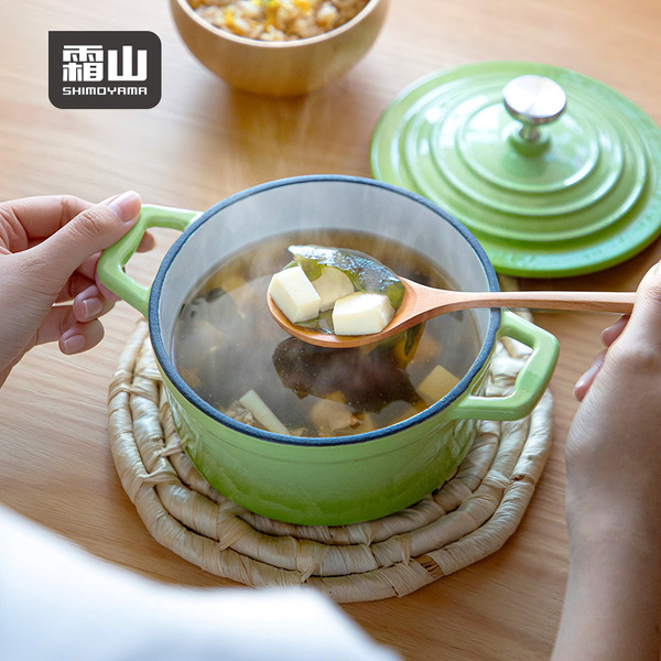 【日本霜山】漸層色雙耳琺瑯鑄鐵鍋(附蓋)-14cm-多色可選