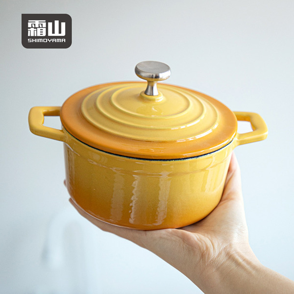 【日本霜山】漸層色雙耳琺瑯鑄鐵鍋(附蓋)-14cm-多色可選