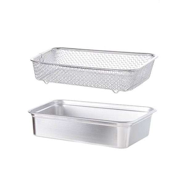 【日本霜山】304不鏽鋼長方形瀝水網籃+備菜盆2件組