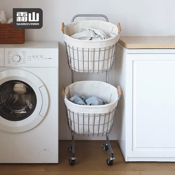 【日本霜山】碳鋼製移動式木柄雙層洗衣籃(附布套)