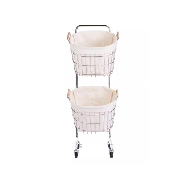 【日本霜山】移動式不鏽鋼雙層洗衣籃(附布套)