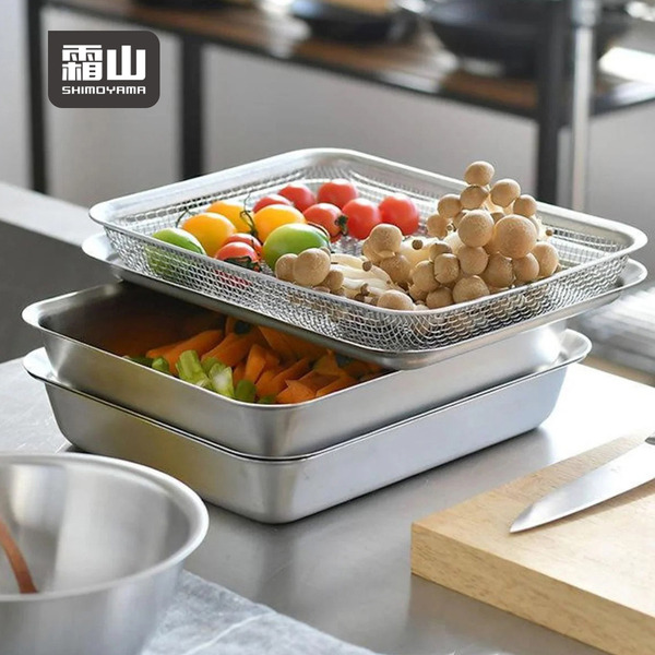 【日本霜山】304不鏽鋼瀝水網籃+托盤3件組