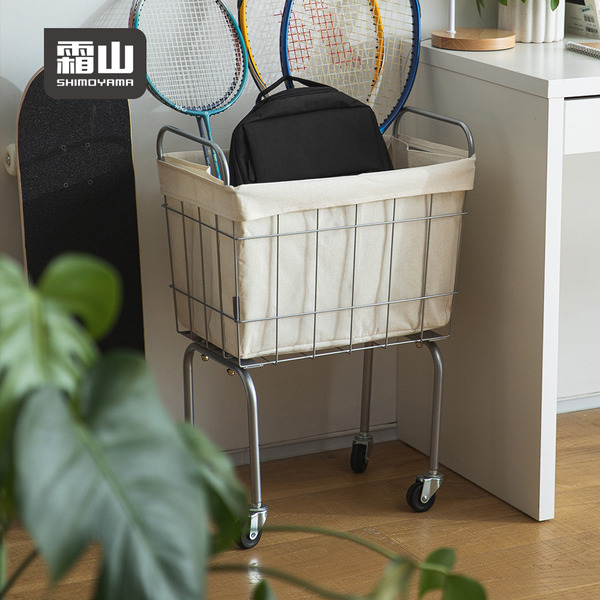 【日本霜山】鐵藝復古風移動式洗衣籃-多色可選