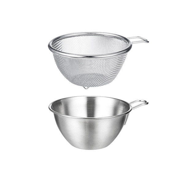 【日本霜山】304不鏽鋼附柄瀝水調理盆2件組-13cm