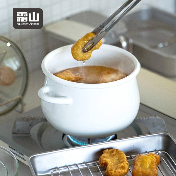 【日本霜山】雙耳琺瑯油炸鍋(附玻璃蓋)-16cm