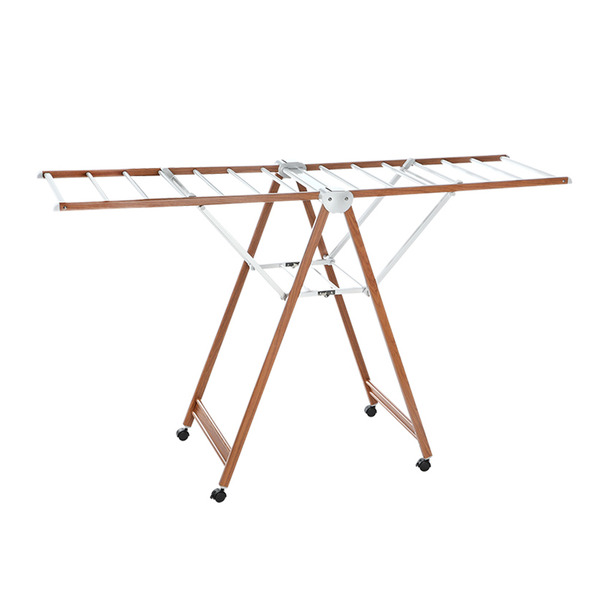 【日本霜山】木質風鋁合金落地型折疊晾曬架(萬向輪)-L