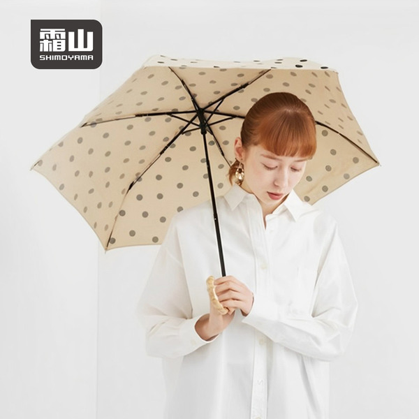 【日本霜山】復古水玉點點6骨晴雨兩用竹柄摺疊傘(附收納提袋)
