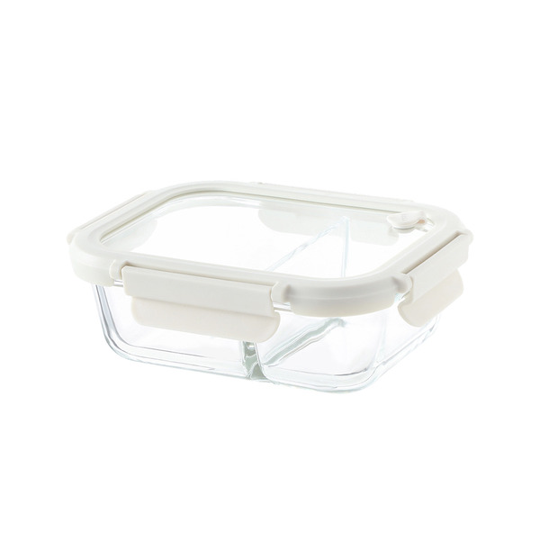 【日本霜山】可微波強化玻璃蓋耐熱玻璃保鮮盒(雙分隔)-640ml-3入