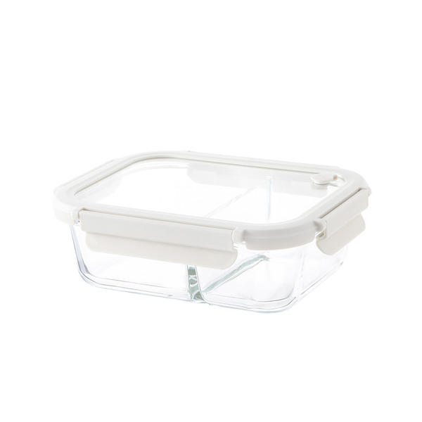 【日本霜山】可微波強化玻璃蓋耐熱玻璃保鮮盒(雙分隔)-1040ml-3入