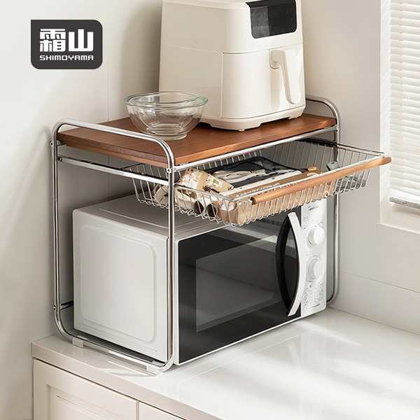 【日本霜山】桌上型復古風木質微波爐電器置物架(附抽屜)-DIY