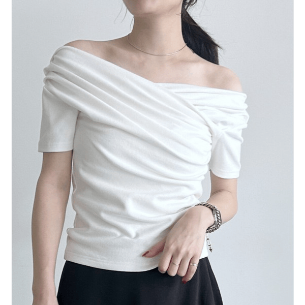 舒柔棉扭結抓皺一字領上衣 五色