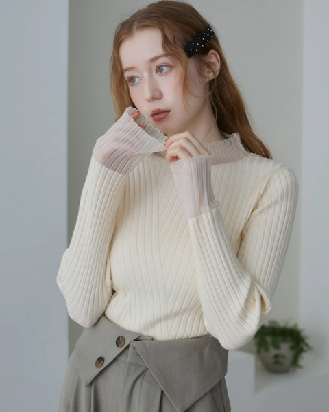 透膚網紗拼接不規則羅紋針織上衣 七色