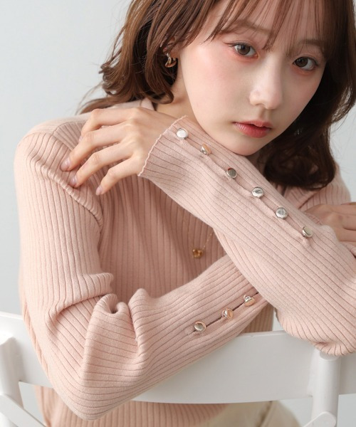 袖口排釦微高領羅紋針織上衣 六色