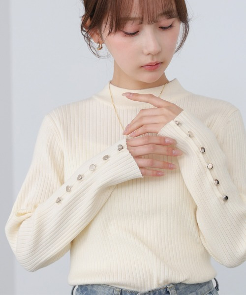 袖口排釦微高領羅紋針織上衣 六色