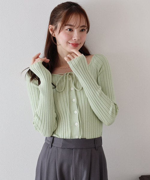 綁帶方領羅紋針織上衣 三色