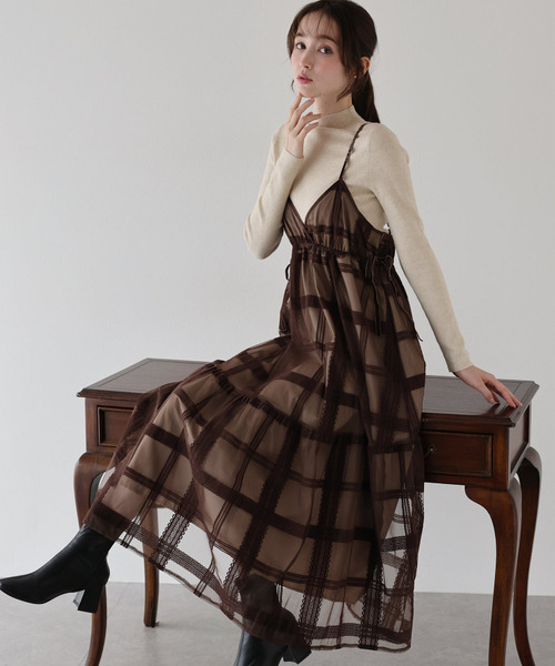 植絨格紋蕾絲細肩帶洋裝 三色