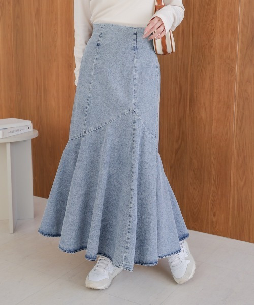 復古水洗丹寧魚尾長裙 兩色