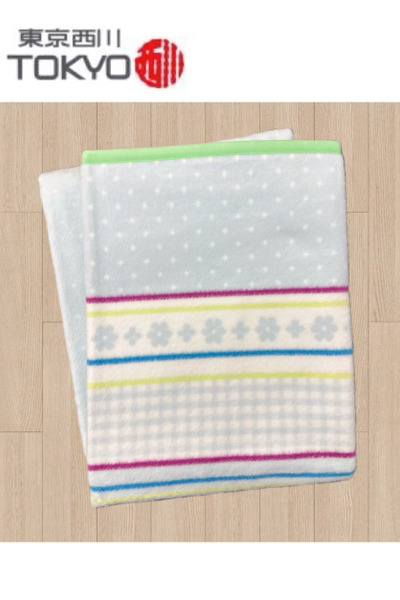 東京西川-藍色彩條花棉毯(日本製)85x115cm