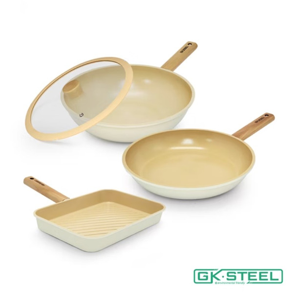 【美國GK STEEL】北歐自然Natur原木鍋具組-IH(炒鍋+炒蓋+平煎鍋+牛排鍋)