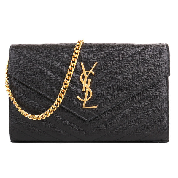 YSL-魚子醬山形紋皮革金鍊帶斜背包/黑