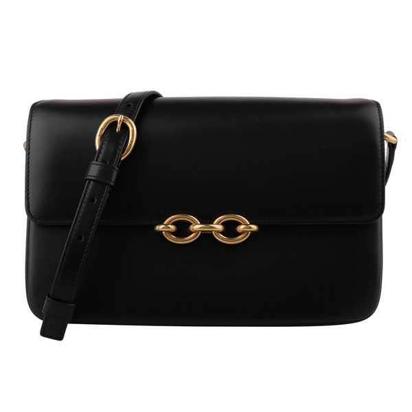 YSL-金屬8字釦牛皮革翻釦肩背包(黑)