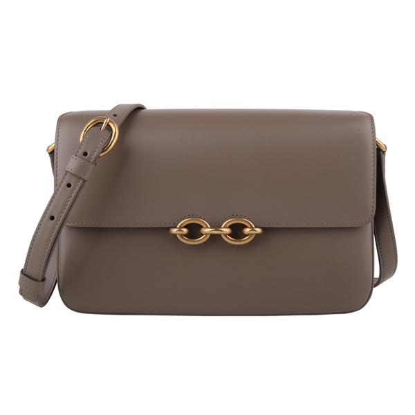 YSL-金屬8字釦牛皮革翻釦肩背包(褐咖色)