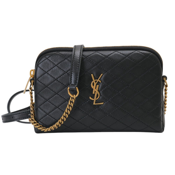 YSL-金屬LOGO菱格紋絎縫小羊皮斜背包(黑)