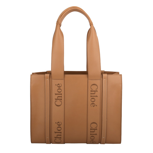 Chloe-WOODY WOODY條槓繡線字母牛皮托特包(卡其駝)大