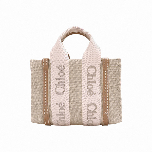 Chloe-WOODY 字母帆布兩用托特包/米x淺棕mini