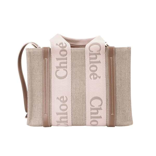 Chloe-WOODY 字母帆布兩用托特包(米x淺棕)S