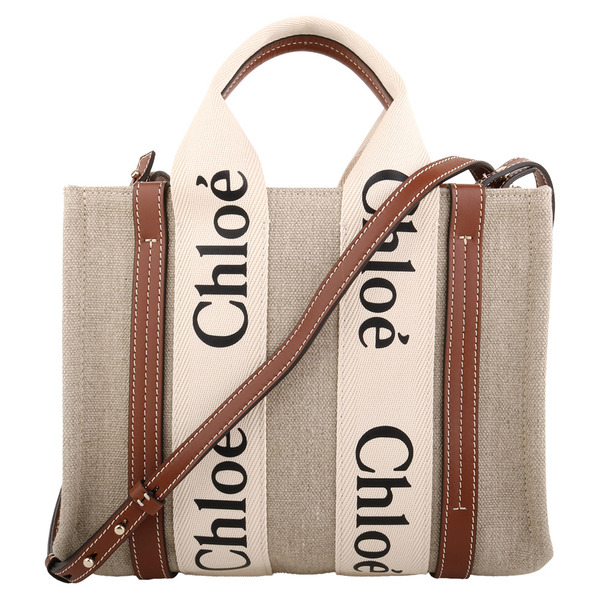 Chloe-WOODY條槓字母亞麻兩用托特包/卡其x駝S