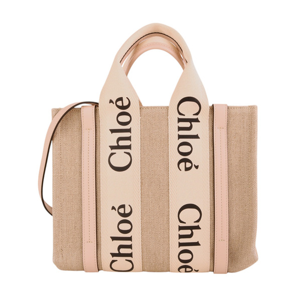 Chloe-WOODY 字母帆布兩用托特包(米x粉邊)S