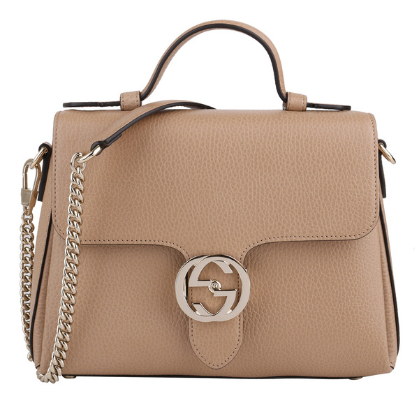 GUCCI -金雙G 金鍊帶皮革翻釦手提肩背包/奶茶