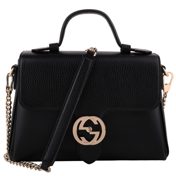 GUCCI -金雙G翻釦金鍊帶手提/肩背包/黑