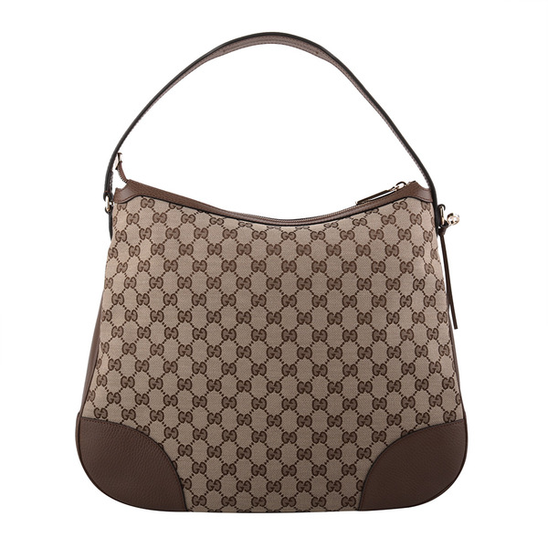 GUCCI -雙G緹花布皮革邊手提單肩包/卡其X咖