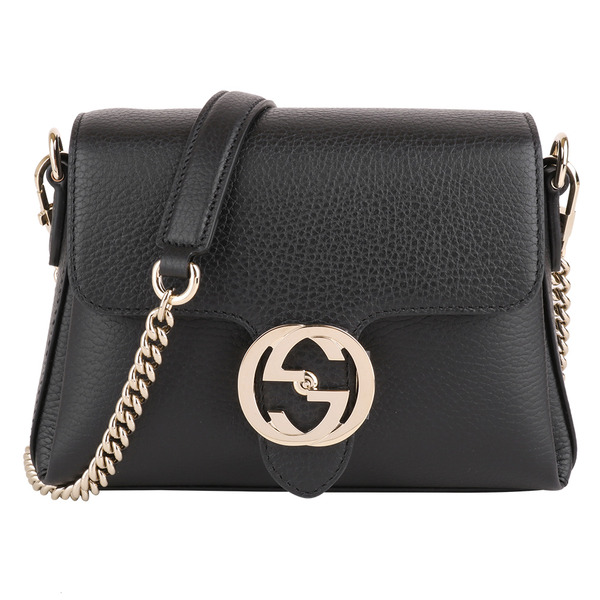 GUCCI -金屬雙G LOGO皮革鍊帶翻釦斜背包/黑S