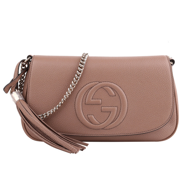 GUCCI -壓印雙G 流蘇牛皮鍊帶斜背包/奶茶