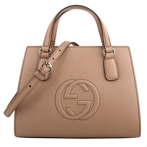 GUCCI -雙G 浮印皮革手提斜背包黛妃包奶茶/中