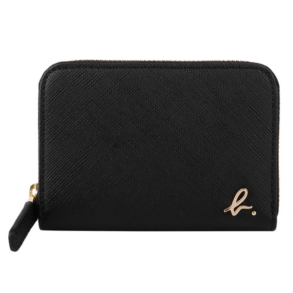 agnes b.-草寫金 小b.logo 防刮拉鍊卡夾/零錢包(黑)