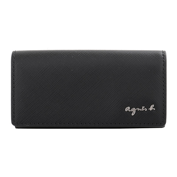 agnes b.- 草寫銀字logo 防刮皮革鑰匙包(黑)