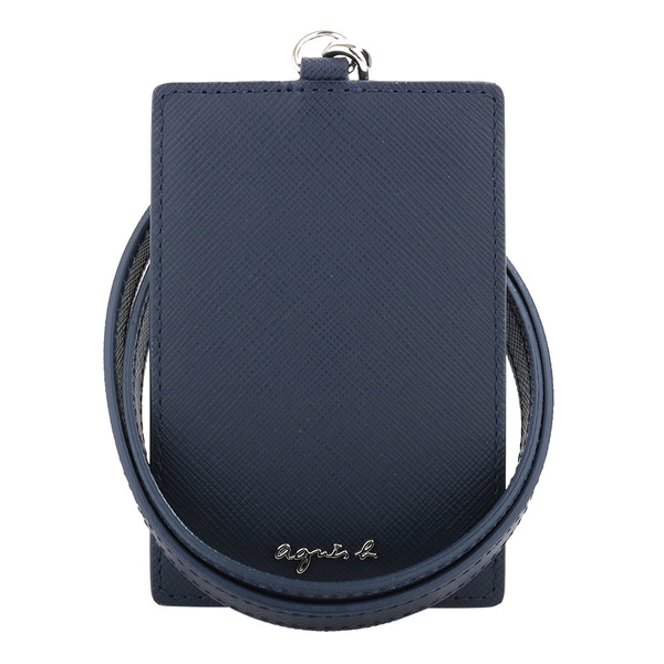 agnes b.- 草寫銀字LOGO防刮皮革透明夾層掛帶證件夾/海軍藍