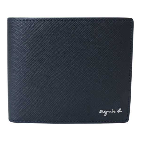 agnes b.-草寫銀字防刮皮革對開8卡短夾(藍)